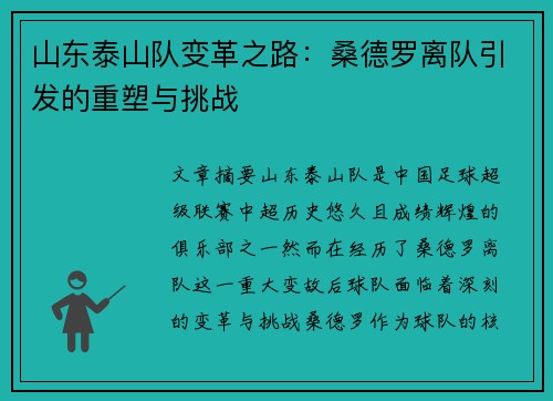 山东泰山队变革之路：桑德罗离队引发的重塑与挑战